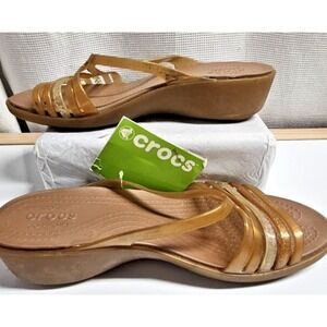 NWT CROCS Isabella Mini wedge strappy‎ slide sandals bronze woman Sz US 9